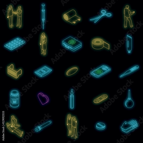 First medical aid icons set. Isometric set of first medical aid vector icons neon color on black