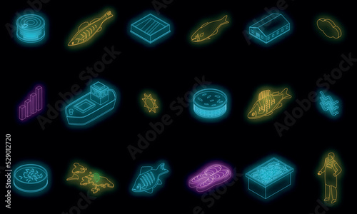 Fish farm icons set. Isometric set of fish farm vector icons neon color on black