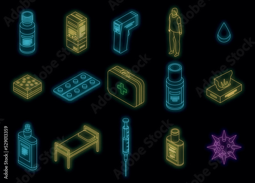 Chicken pox icons set. Isometric set of chicken pox vector icons neon color on black