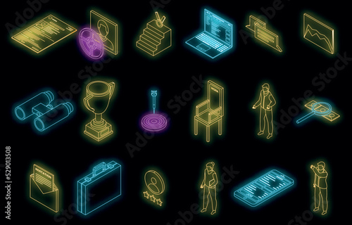 Headhunter icons set. Isometric set of headhunter vector icons neon color on black