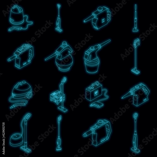 Steam cleaner icons set. Isometric set of steam cleaner vector icons neon color on black