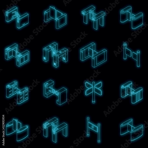 Turnstile icons set. Isometric set of turnstile vector icons neon color on black