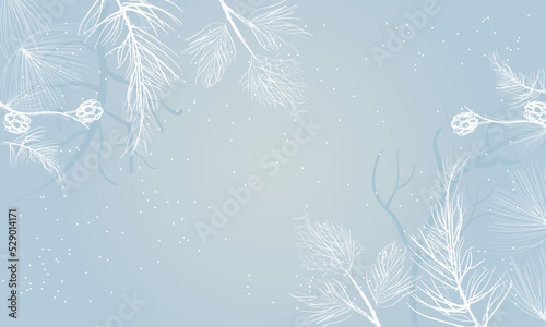 Winter bright background. Christmas landscape with snowdrifts and pine branches in the frost.