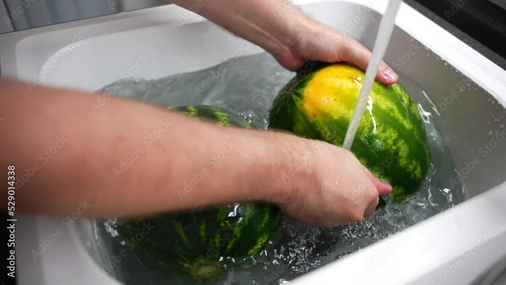 Vidéo Stock Careful washing of ripe watermelons inside the kitchen sink