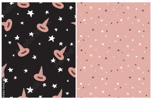 Set of Halloween Seamless Vector Patterns with With Hats and Stars on a Black and Blush Pink Background. Pink Dottes Witch Hat Repeatable Print. Starry Pink Backdrop ideal for Warrping Paper, Fabric. photo