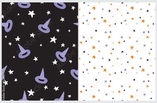 Set of Halloween Seamless Vector Patterns with With Hats and Stars on a Black and White Background. Pink Dottes Witch Hat Repeatable Print. Starry Sky Backdrop ideal for Warrping Paper, Fabric. photo