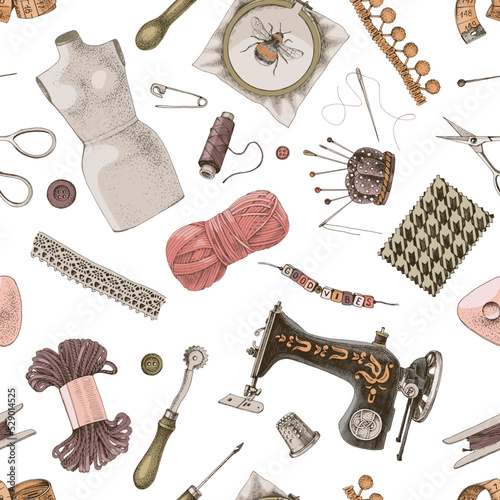 Sewing tools seamless pattern on white background