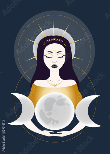 Triple goddess symbol of moon phases. Wiccan woman icon. Hekate, mythology, wicca, witchcraft. Triple Moon Religious Wiccan sign. Crescent, half and full moon. Printing of posters, cover etc.  photo
