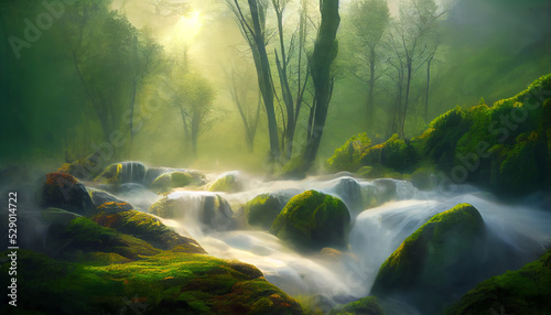 Dreamy forest landscape with a small creek and sunlight shining through the trees