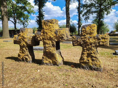 The Three Crosses in Langemark cemetery - is one of only four First World War German cemeteries in the Flanders region.  photo