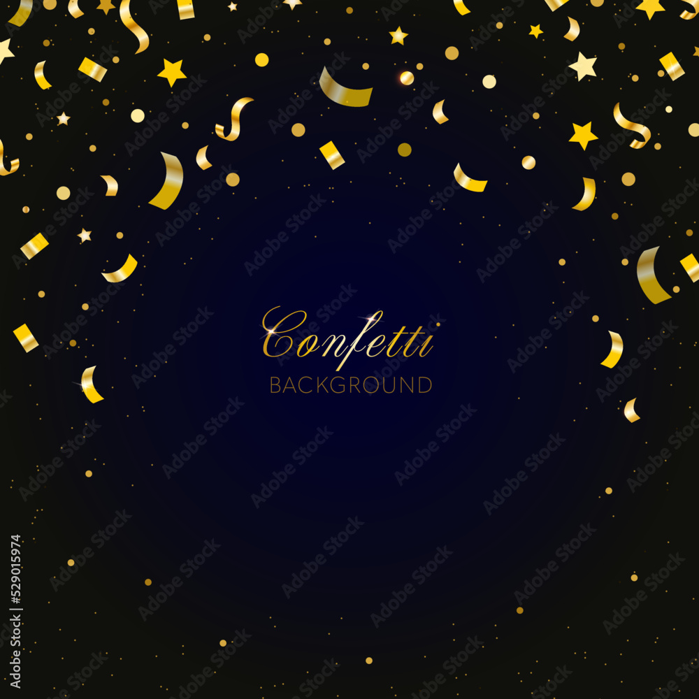 Naklejka premium Gold confetti. Celebration carnival falling shiny glitter confetti in gold color. Luxury greeting card. Vector illustration.
