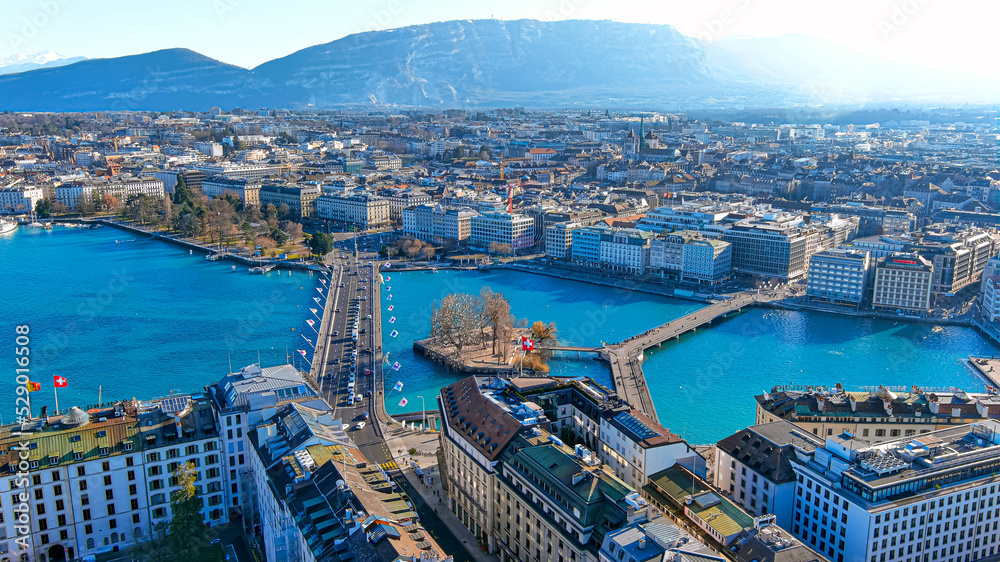 Geneva city center aerial view in Switzerland. Surrounded by Lake Geneva the Alps and Mont Blanc. Headquarters of Europe’s United Nations and the Red Cross, it’s a global hub for diplomacy and banking
