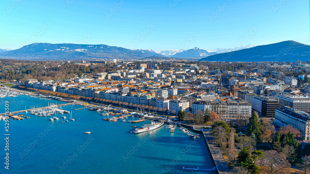 Aerial view of Leman lake and Geneva city in Switzerland. The second-most populous Swiss city also one of the world's major centers of international diplomacy. Beautiful drone POV of European place