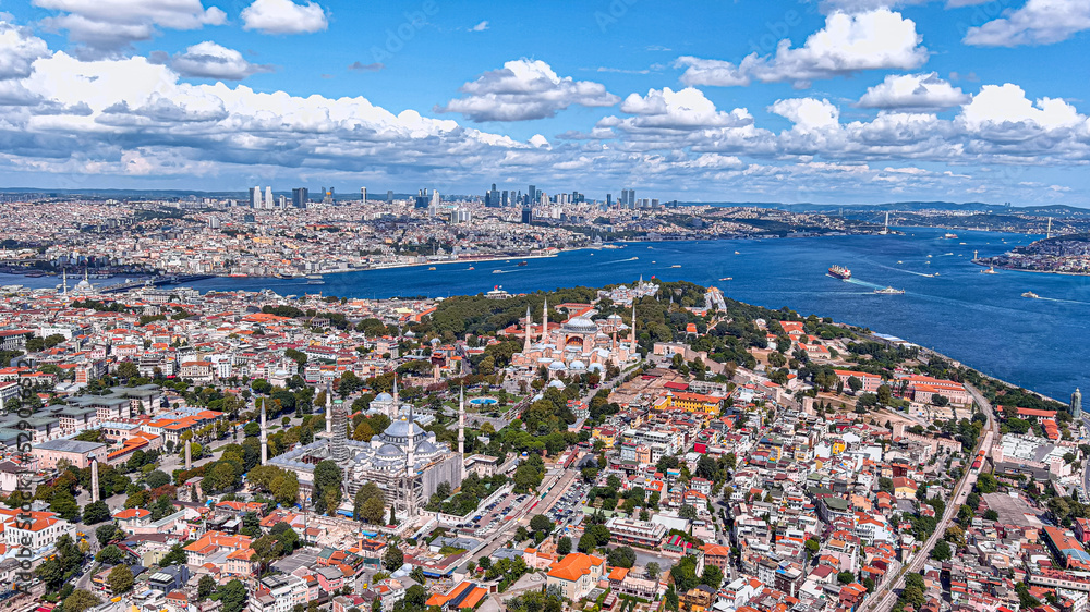 Istanbul Aerial View in Turkey 6K Several landmarks inc famous Hagia Sophia Grand Mosque, The Blue Mosque - Sultan Ahmed, Topkapi Palace Museum, with the beautiful Bosporus cityscape in the background