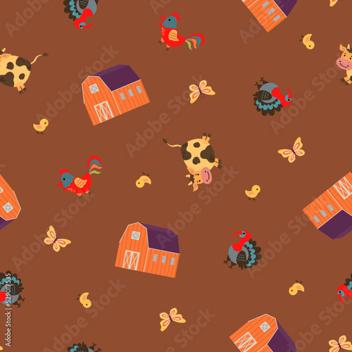 Seamless pattern with cute farm illustrations. Farm in hand-drawn style. Design for fabric  textile  wallpaper  packaging.