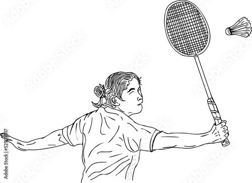 woman badminton player sketch drawing, continuous drawing line logo girl woman athlete playing badminton. Cartoon doodle of badminton player