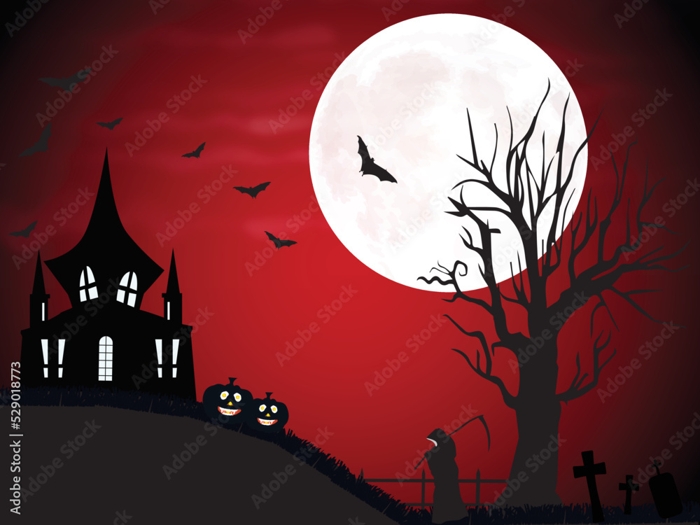 Halloween night with pumpkins and scary castle, bats, silhouette tree illustration