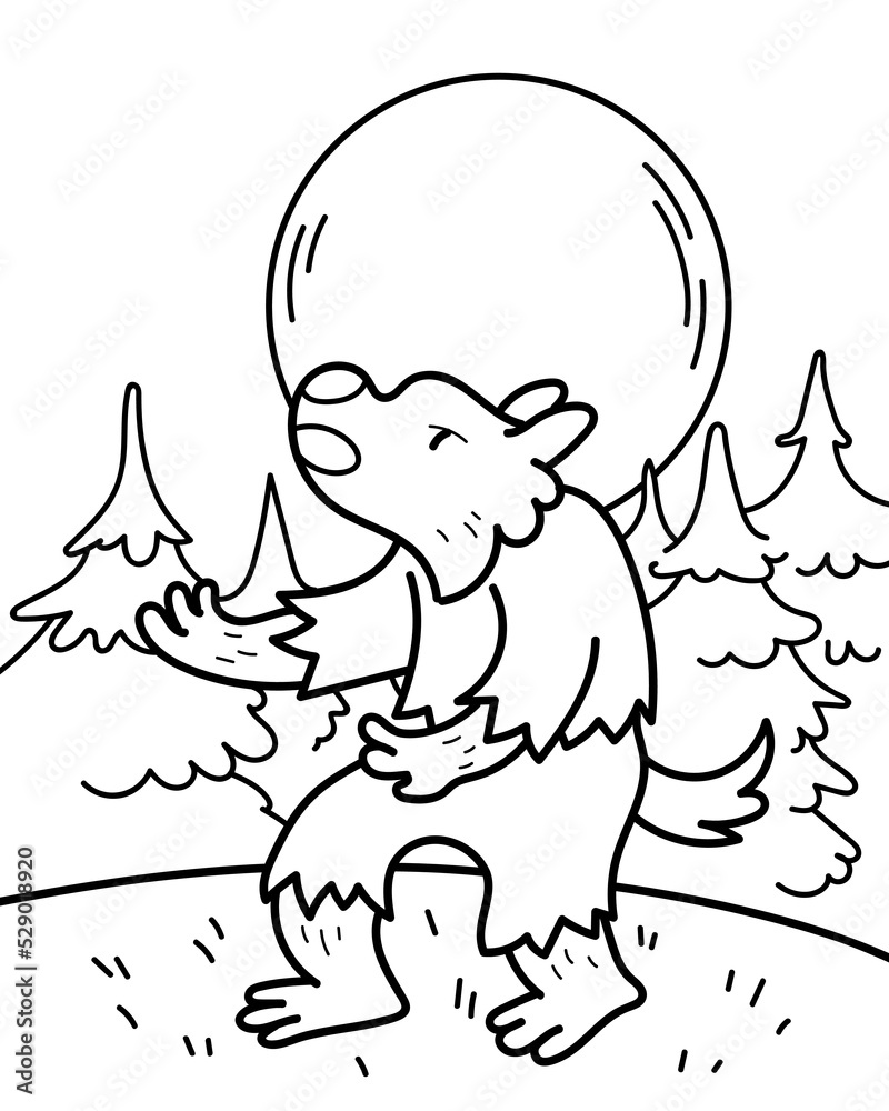 Vector contour illustration of a werewolf in the forest. Coloring page with a funny Halloween character. Vector contour illustration of a werewolf in the forest. Coloring page with a funny Halloween character.