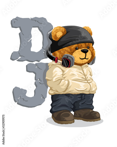 Hand drawn vector illustration of teddy bear in DJ stylish with headphones