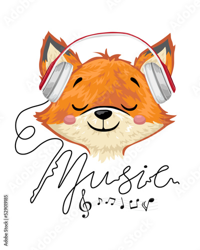 Cute fox cartoon enjoy music with headphone