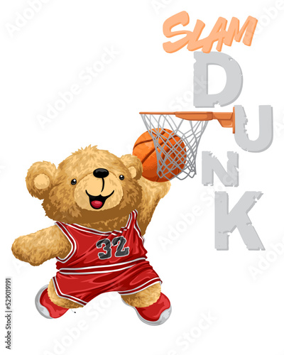 Hand drawn vector illustration of teddy bear playing basketball