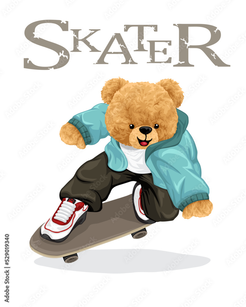 Hand drawn vector illustration of teddy bear on skateboard Stock Vector |  Adobe Stock