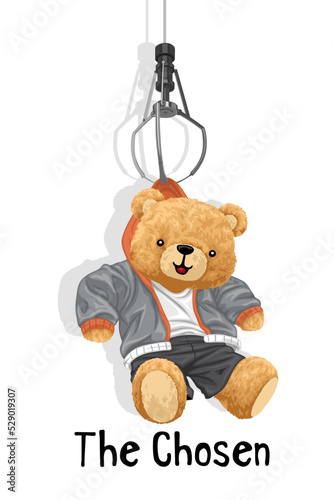 Hand drawn vector illustration of teddy bear holding by claw machine