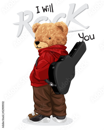 Hand drawn vector illustration of teddy bear carrying guitar case