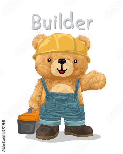 Hand drawn vector illustration of teddy bear in builder costume with tool box