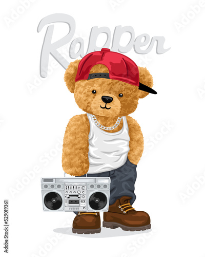 Hand drawn vector illustration of teddy bear in rapper style with vintage tape recorder