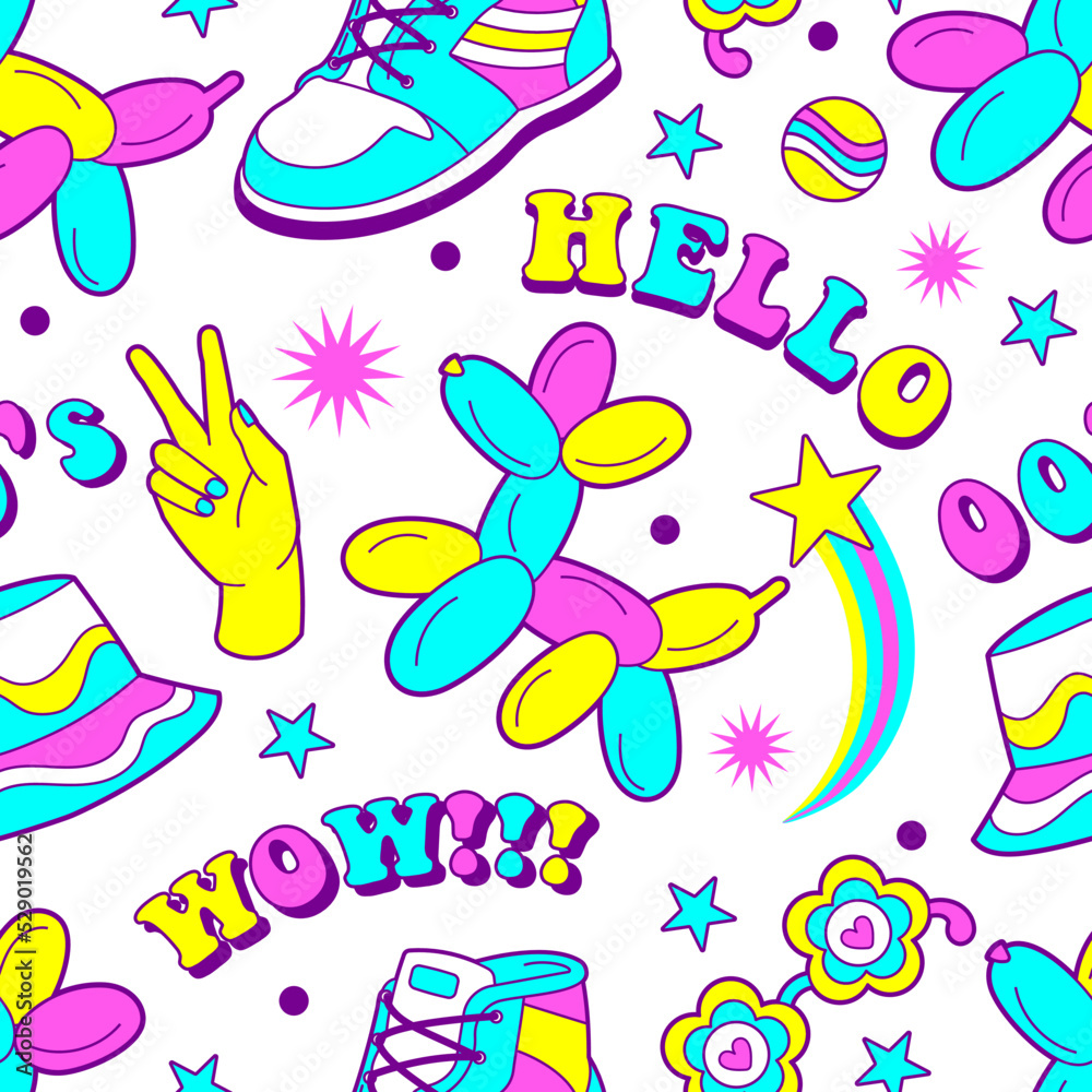 Character seamless pattern with Fun balloon, teen gumshoe, 00's Y2K slogans, Cool Funk Hat, vibrant rainbow graphic . Concept of  2000's style