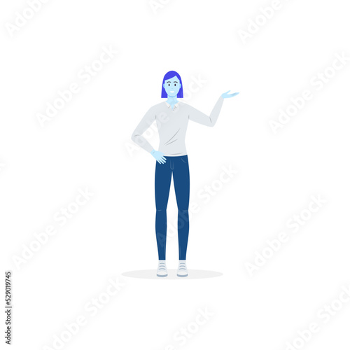 Persona mujer de pie de cuerpo completo. Concepto de presentar.. Persona de género femenino. Ilustración vectorial