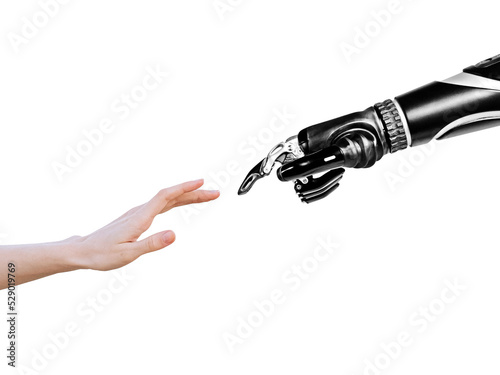 Technology concept with robot hand touching female human hand