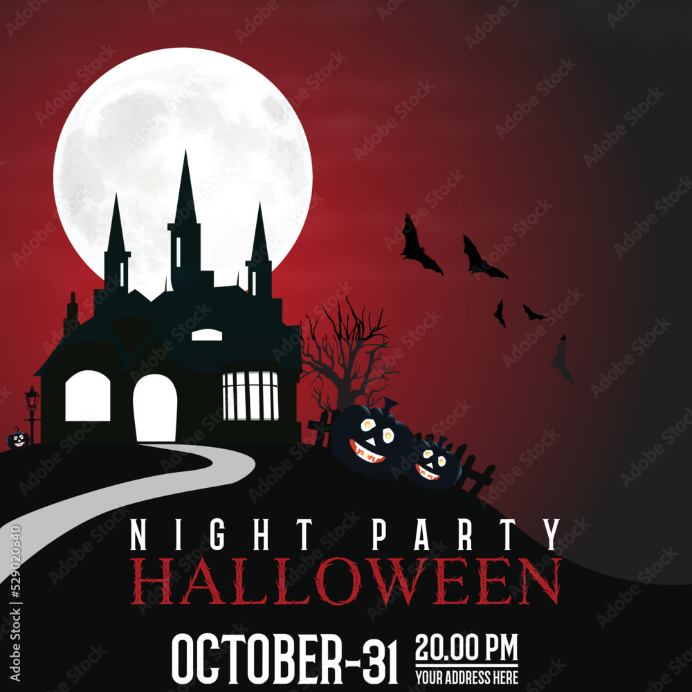 Happy halloween social media banner design with haunted house, silhouette tree, bats, moon vector