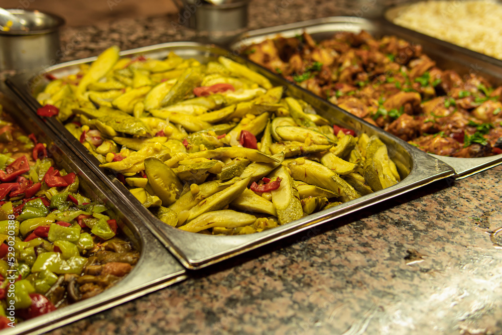 All-inclusive meals at the hotel. Open buffet. Stewed vegetables and meat for lunch or dinner