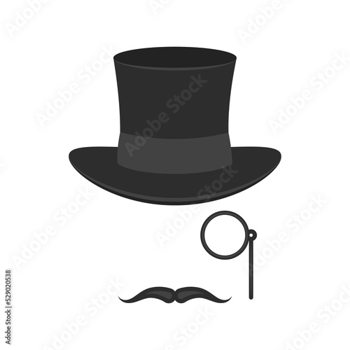 Retro gentleman elements flat set. Top hat, monocle and mustache.