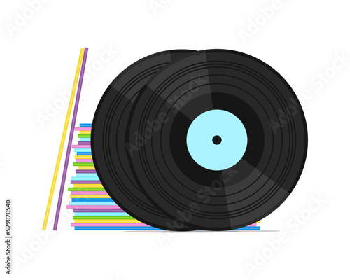 Vinyl record collection flat illustration. The concept of music mania and retro music.