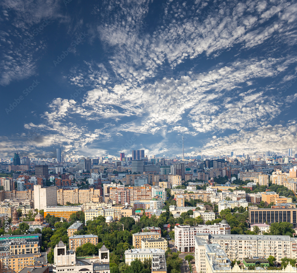 Aerial view of center of Moscow against the background of the sky with clouds, Russia
