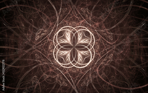 abstract illustration of a computer generated fantastic flower of various shapes and shades on a black background for use in symbology, signs for digital design and graphics