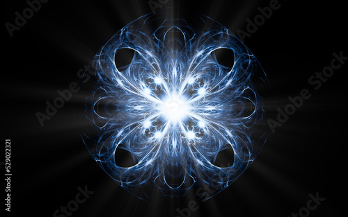 abstract illustration of a computer generated fantastic flower of various shapes and shades on a black background for use in symbology, signs for digital design and graphics