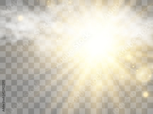 Illustration of the sun shining through the clouds. Sunlight. Cloudy vector.