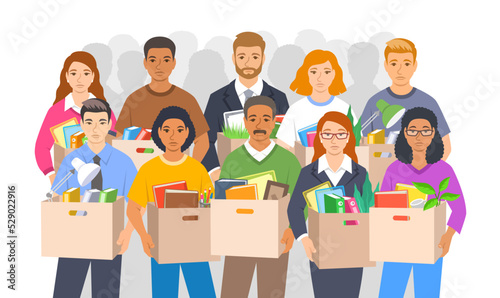 Group of sad unemployed fired people different gender, age and race. Problem of unemployment in all sectors of economy. Random upset jobless workers hold boxes with stuff. Crowd of dismissed employees