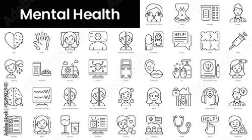 Set of outline mental health icons. Minimalist thin linear web icons bundle. vector illustration.