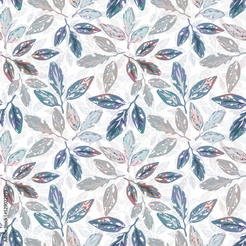 Seamless floral pattern with watercolor effect. Blue, gray and pink leaves on a white background.