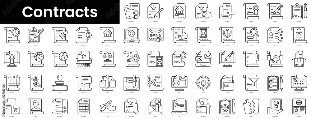 Set of outline contracts icons. Minimalist thin linear web icons bundle. vector illustration.