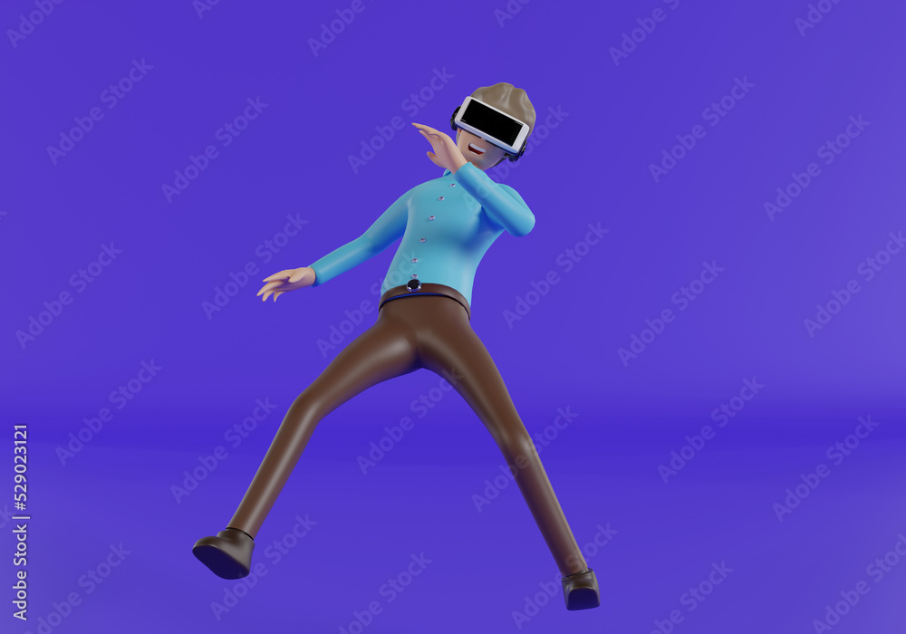 Flying or falling cartoon character man with virtual reality headset isolated over blue background. 3d render.