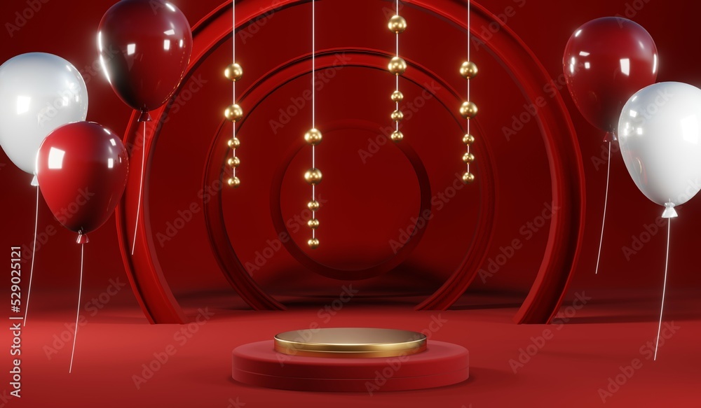 Fototapeta premium 3D rendering of blank product background for cream cosmetics Modern red podium background