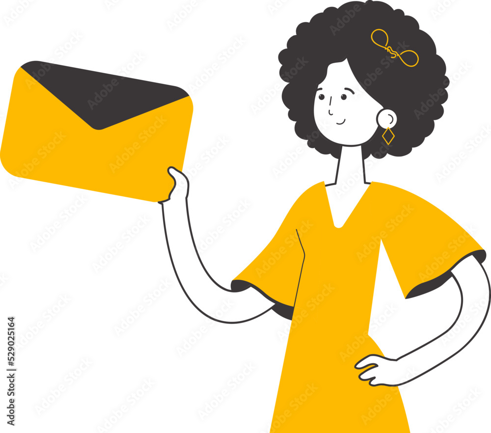 The girl is holding an envelope or a letter in her hands. Linear trendy style. Isolated. Vector. The girl is holding an envelope or a letter in her hands. Linear trendy style. Isolated. Vector.