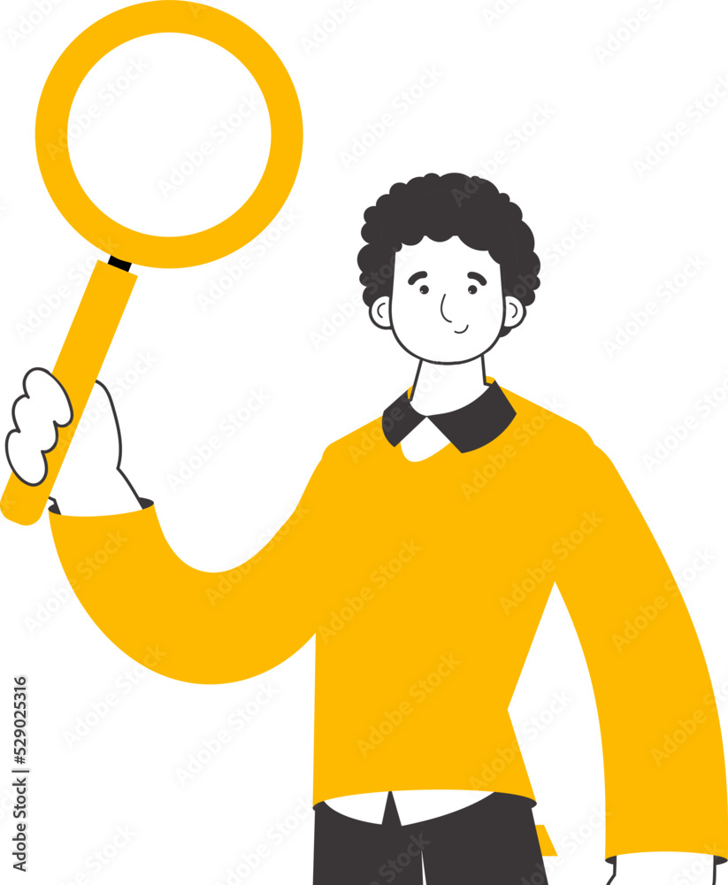 The guy is holding a magnifying glass in his hands. Search concept. Line art style. Isolated on white background. Vector illustration. The guy is holding a magnifying glass in his hands. Search concept. Line art style. Isolated on white background. Vector illustration.