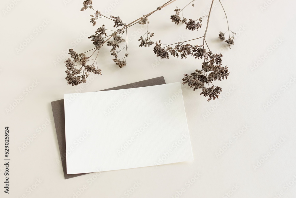 Blank paper sheet card mockup and Dry  grass branches top view on pastel pink background. Copy space. Flat lay   minimal business brand template . Card mock up.